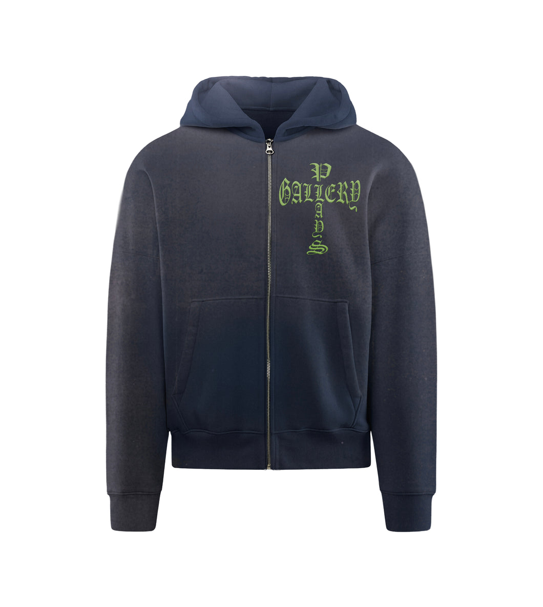 “Electric Green Plays Cross”  Vintage Navy Zip-Up