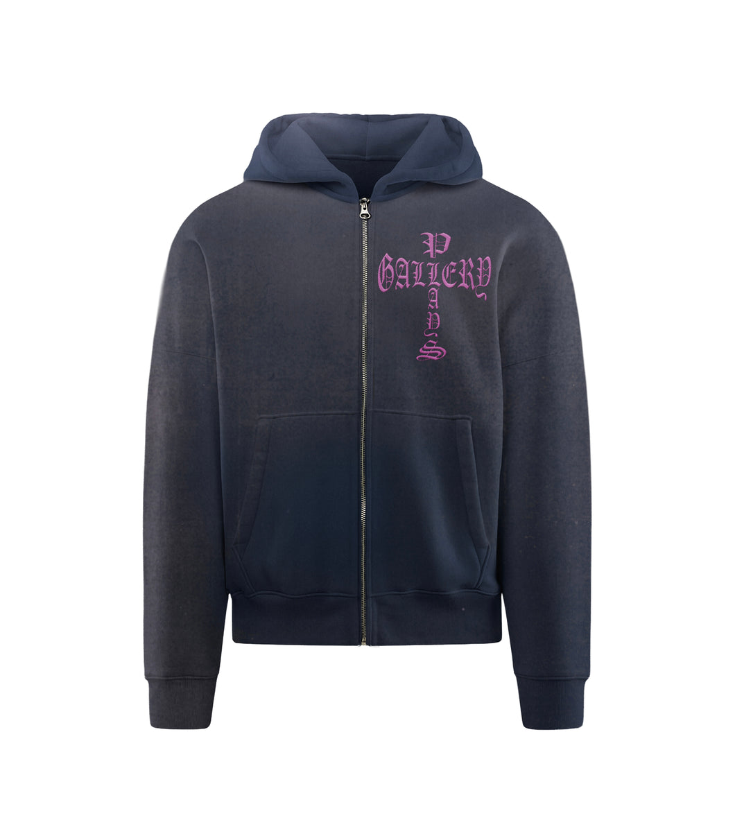 “Rose Pink Plays Cross”  Vintage Navy Zip-Up