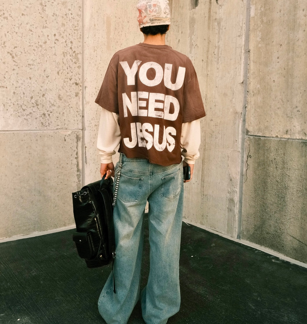 “YOU NEED JESUS” Thermal-Layered Long Sleeve Tee.(WASHED BROWN)