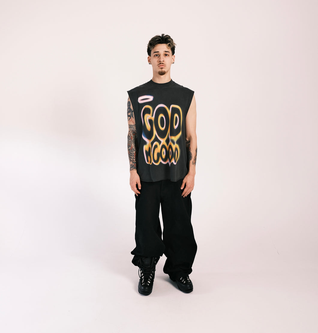 “GOD IS GOOD” Vintage Black Cut Off Tee